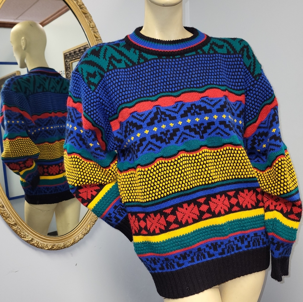 Vtg 90s Bright Primary Color Geometric pullover sweater Lightning Bolt M